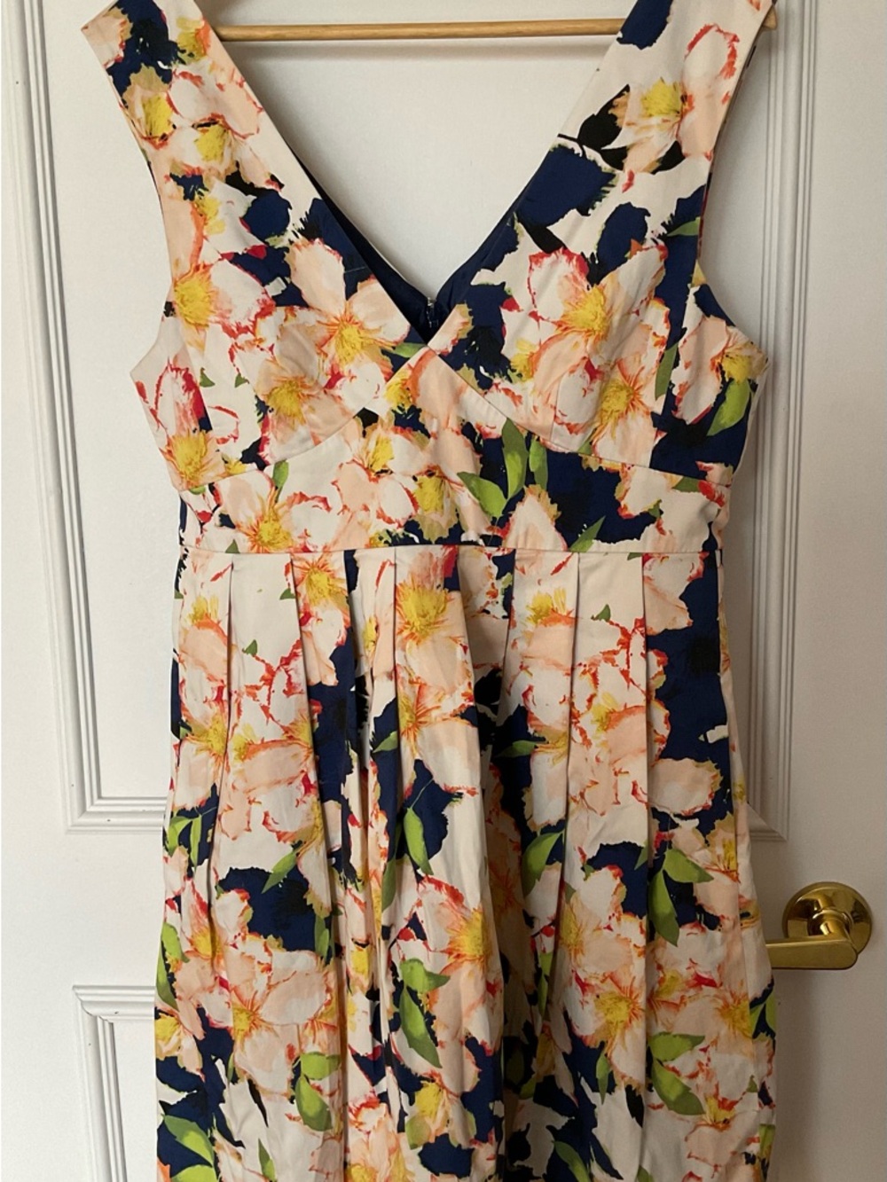 J Crew Floral V-Neck Sleeveless A-Line Dress in Navy & Cream